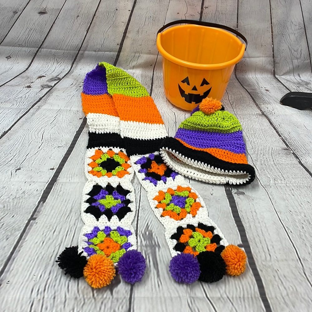 Children’s bright scarf & beanie Halloween handmade crochet set